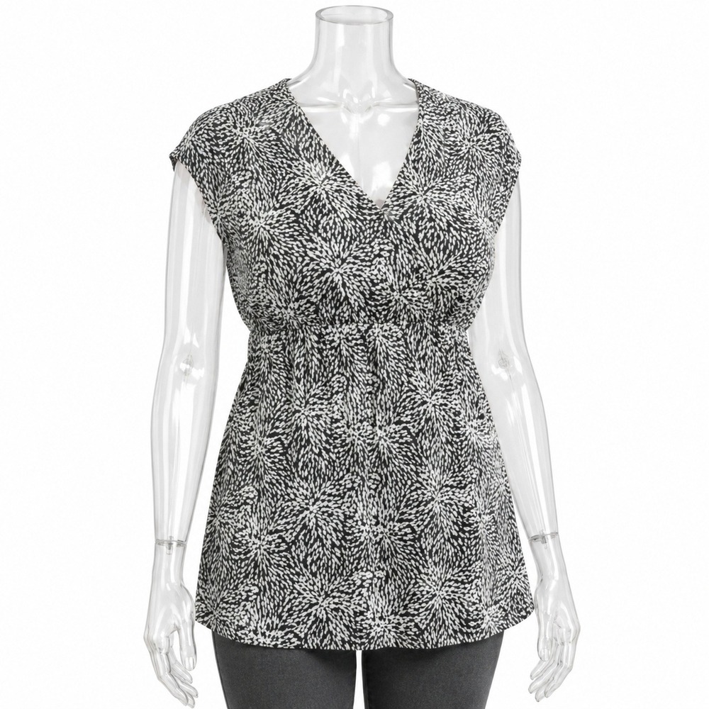 Tendency Y2K Empire Waist Blouse - Black/White Abstract Print VTG SKUW387